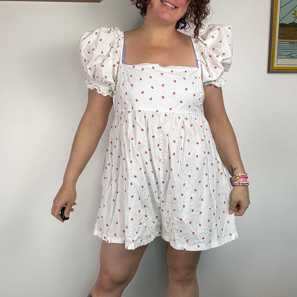 Selkie strawberry print puff sleeve romper 3X
